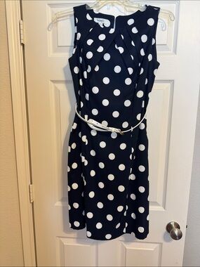 DRESSBARN Navy and White Polka Dot Sleeveless Belted Dress